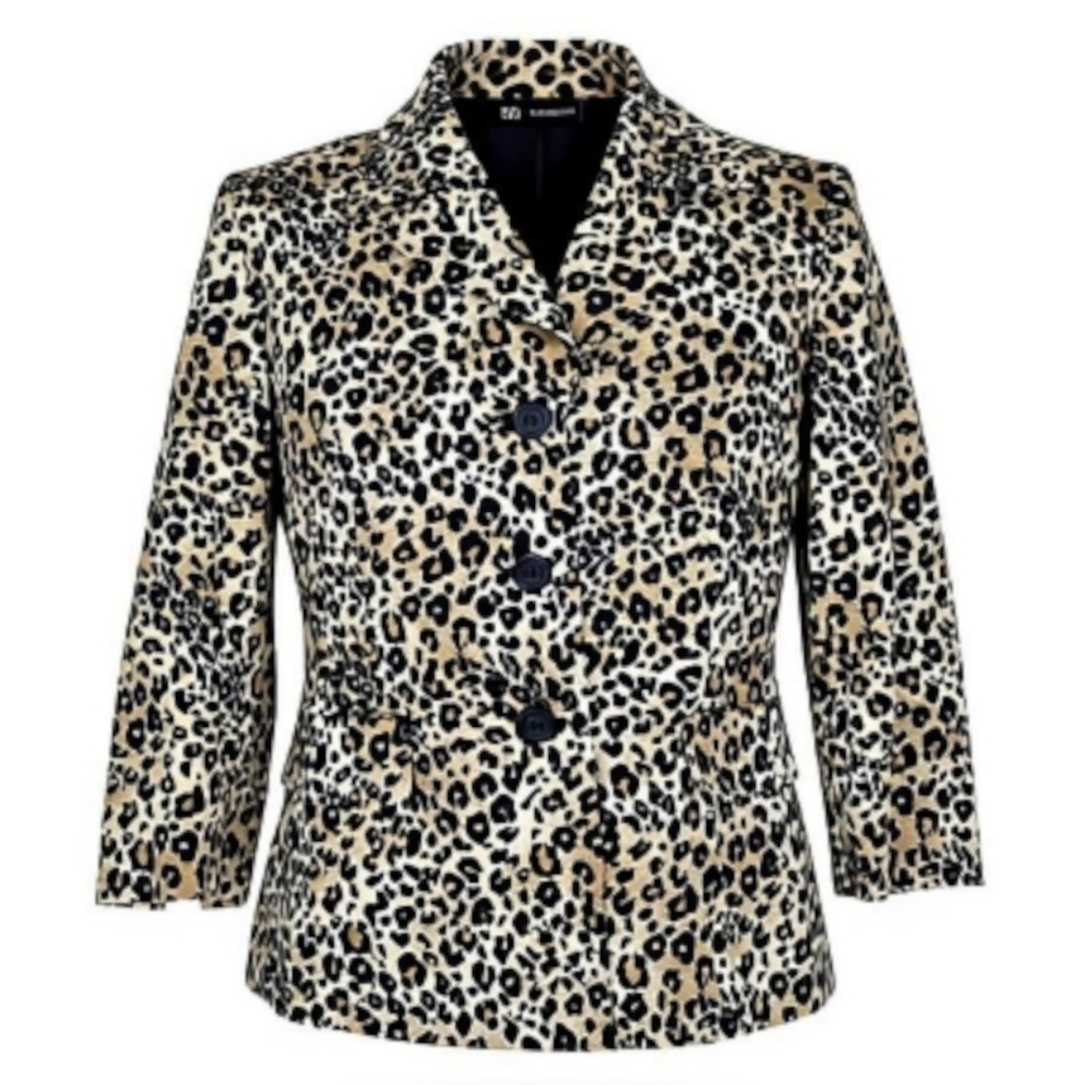 Le Suit Blazer Size 6P Leopard Print 3/4 Sleeve Slit Cuffs Flap Pockets Cotton